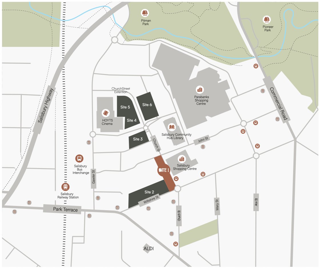 Map showing Southend Apartments at the south end of Salisbury City Centre — Salisbury Interchange, Parabanks and Adelaide CBD rail access